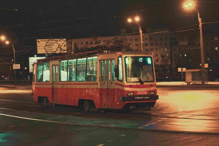 Nighttime Tram in City