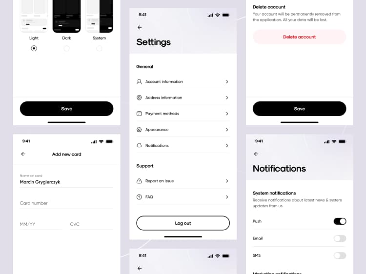 App settings screens